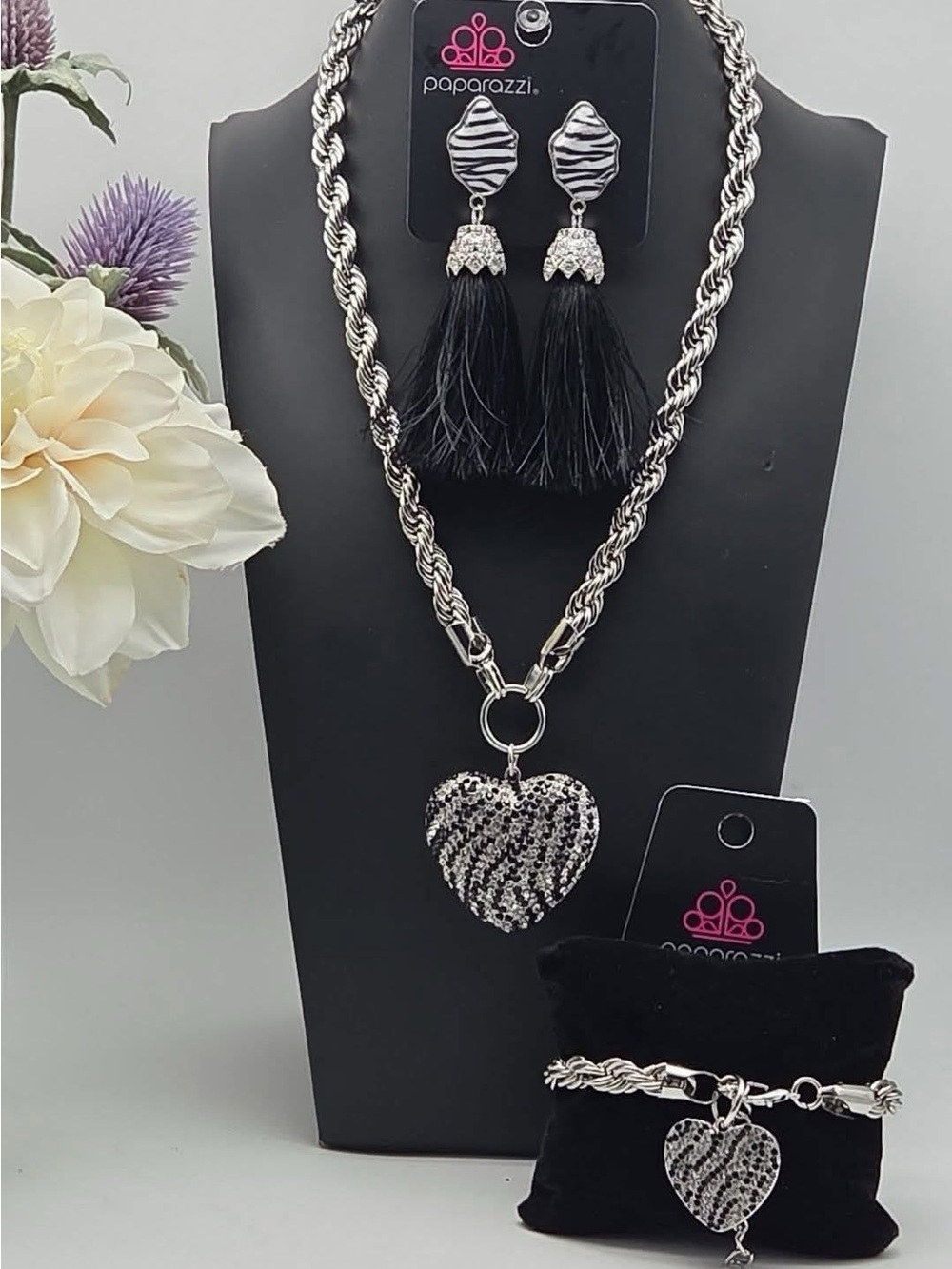 Silver and Black Zebra Heart Necklace, Bracelet & Tassel Earring Set